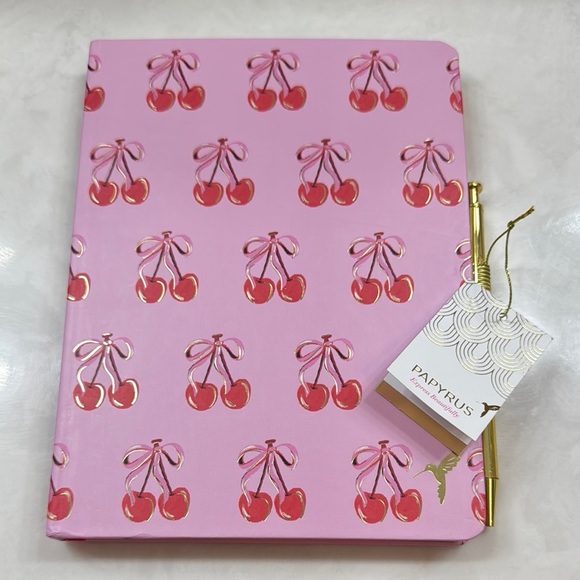 Papyrus Other - Papyrus Pink Cherry Patterned Notebook with Gold Pen NWT